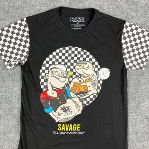 Popeye Graphic T-Shirt Mens Size M Black Checkered Sleeves Cartoon Savage Casual
